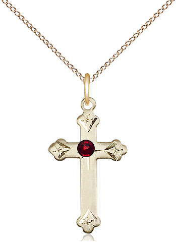 14kt Gold Filled Cross Pendant with a 3mm Garnet Swarovski stone on a 18 inch Gold Filled Light Curb chain