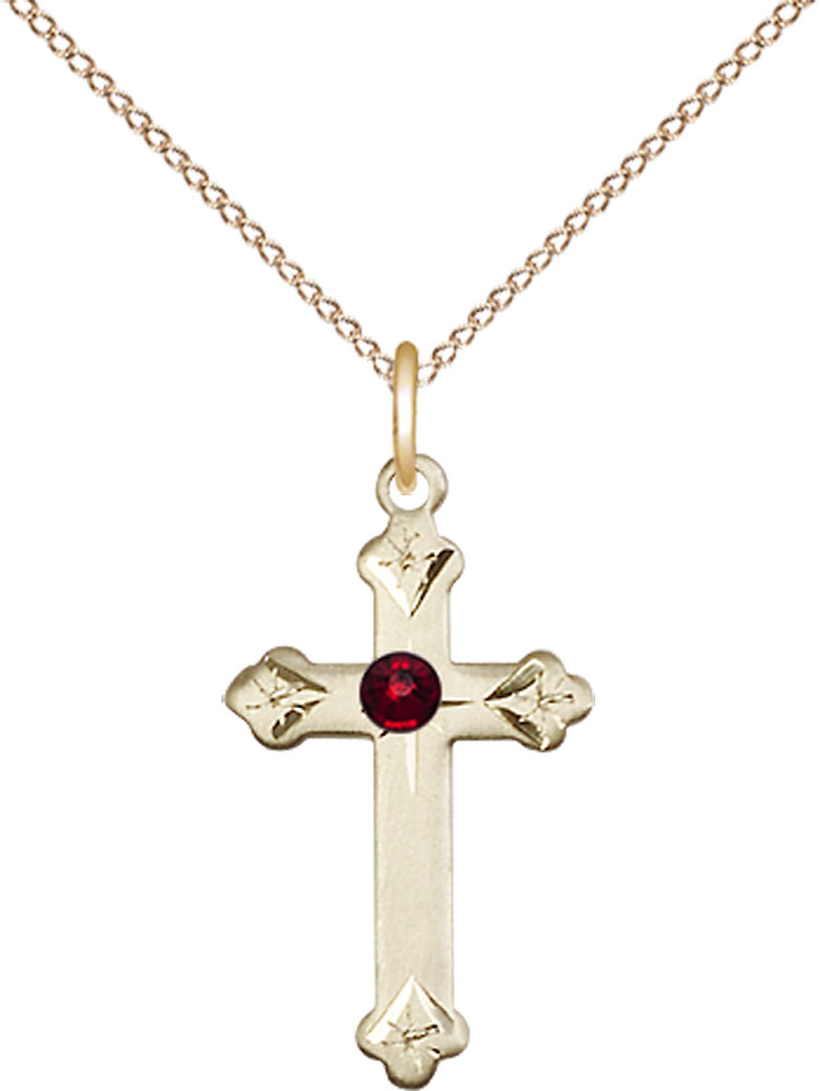 14kt Gold Filled Cross Pendant with a 3mm Garnet Swarovski stone on a 18 inch Gold Filled Light Curb chain