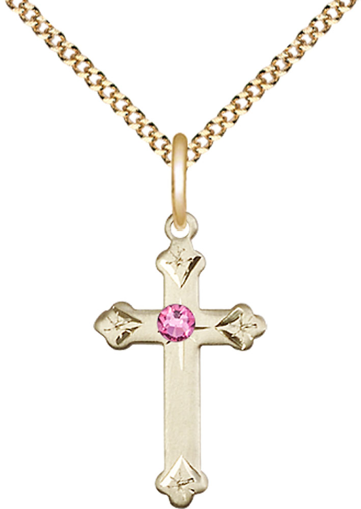 14kt Gold Filled Cross Pendant with a 3mm Rose Swarovski stone on a 18 inch Gold Plate Light Curb chain