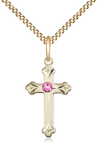 14kt Gold Filled Cross Pendant with a 3mm Rose Swarovski stone on a 18 inch Gold Plate Light Curb chain