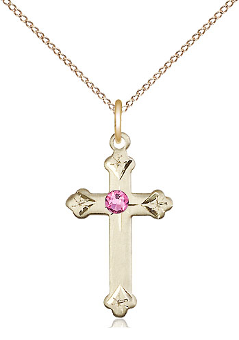 14kt Gold Filled Cross Pendant with a 3mm Rose Swarovski stone on a 18 inch Gold Filled Light Curb chain