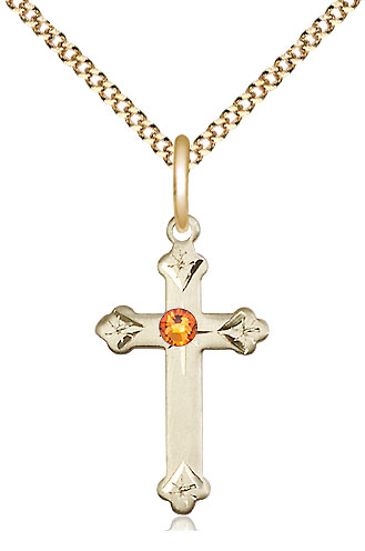 14kt Gold Filled Cross Pendant with a 3mm Topaz Swarovski stone on a 18 inch Gold Plate Light Curb chain