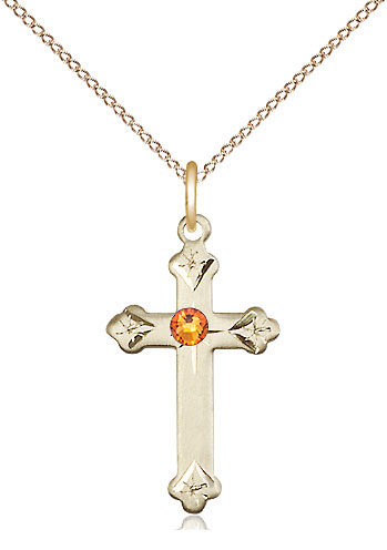 14kt Gold Filled Cross Pendant with a 3mm Topaz Swarovski stone on a 18 inch Gold Filled Light Curb chain