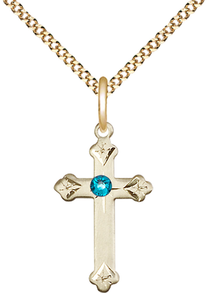 14kt Gold Filled Cross Pendant with a 3mm Zircon Swarovski stone on a 18 inch Gold Plate Light Curb chain