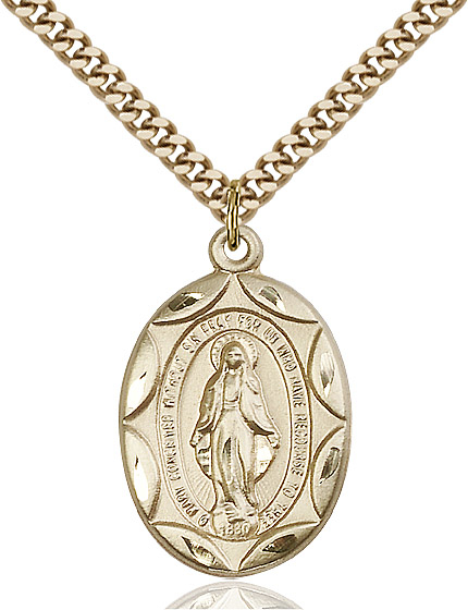 14kt Gold Filled Miraculous Pendant on a 24 inch Gold Plate Heavy Curb chain