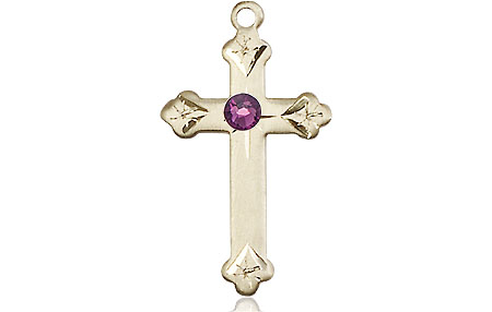 14kt Gold Filled Cross Medal with a 3mm Amethyst Swarovski stone