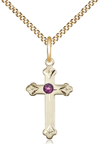 14kt Gold Filled Cross Pendant with a 3mm Amethyst Swarovski stone on a 18 inch Gold Plate Light Curb chain