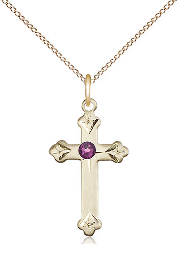 14kt Gold Filled Cross Pendant with a 3mm Amethyst Swarovski stone on a 18 inch Gold Filled Light Curb chain