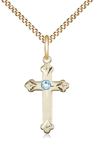 14kt Gold Filled Cross Pendant with a 3mm Aqua Swarovski stone on a 18 inch Gold Plate Light Curb chain