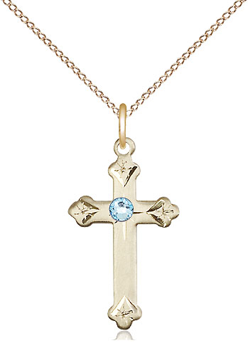 14kt Gold Filled Cross Pendant with a 3mm Aqua Swarovski stone on a 18 inch Gold Filled Light Curb chain