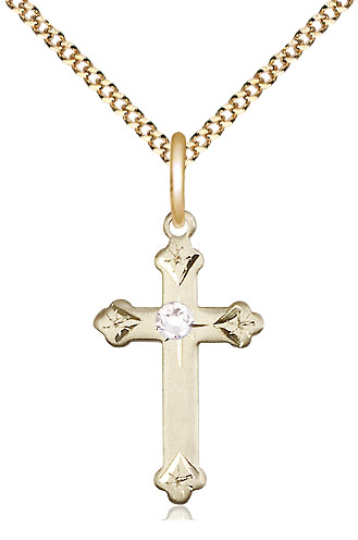 14kt Gold Filled Cross Pendant with a 3mm Crystal Swarovski stone on a 18 inch Gold Plate Light Curb chain