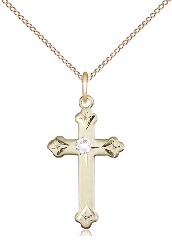 14kt Gold Filled Cross Pendant with a 3mm Crystal Swarovski stone on a 18 inch Gold Filled Light Curb chain