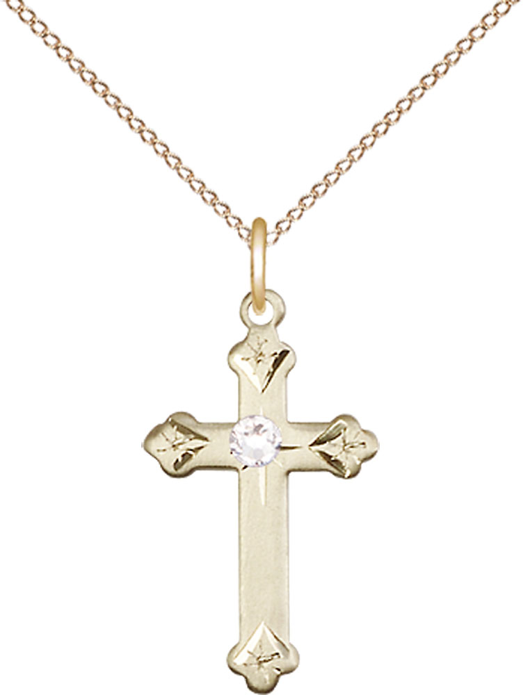14kt Gold Filled Cross Pendant with a 3mm Crystal Swarovski stone on a 18 inch Gold Filled Light Curb chain