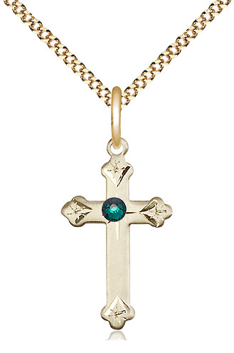 14kt Gold Filled Cross Pendant with a 3mm Emerald Swarovski stone on a 18 inch Gold Plate Light Curb chain