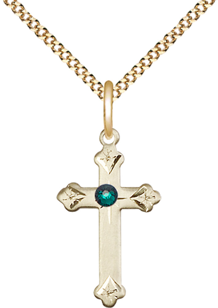 14kt Gold Filled Cross Pendant with a 3mm Emerald Swarovski stone on a 18 inch Gold Plate Light Curb chain