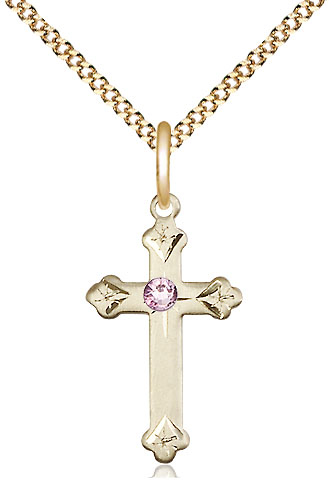 14kt Gold Filled Cross Pendant with a 3mm Light Amethyst Swarovski stone on a 18 inch Gold Plate Light Curb chain