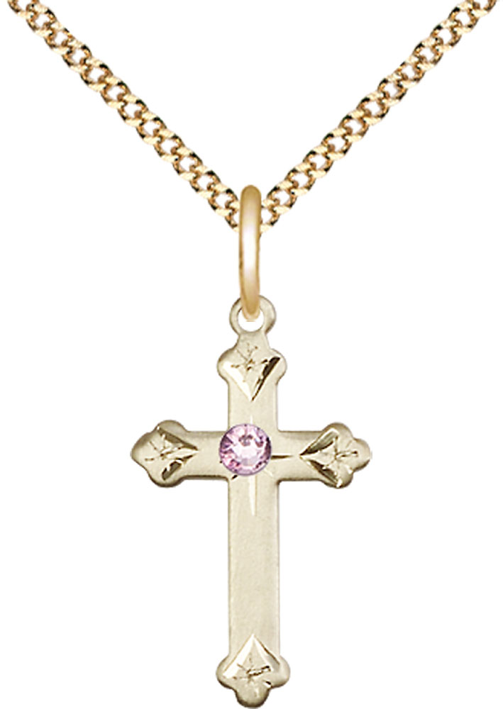 14kt Gold Filled Cross Pendant with a 3mm Light Amethyst Swarovski stone on a 18 inch Gold Plate Light Curb chain