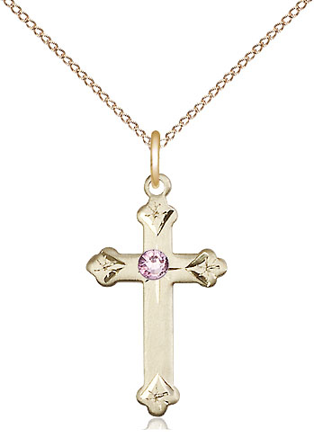 14kt Gold Filled Cross Pendant with a 3mm Light Amethyst Swarovski stone on a 18 inch Gold Filled Light Curb chain