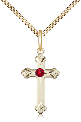 14kt Gold Filled Cross Pendant with a 3mm Ruby Swarovski stone on a 18 inch Gold Plate Light Curb chain