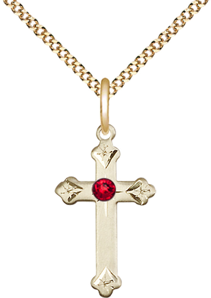 14kt Gold Filled Cross Pendant with a 3mm Ruby Swarovski stone on a 18 inch Gold Plate Light Curb chain