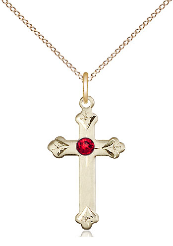 14kt Gold Filled Cross Pendant with a 3mm Ruby Swarovski stone on a 18 inch Gold Filled Light Curb chain