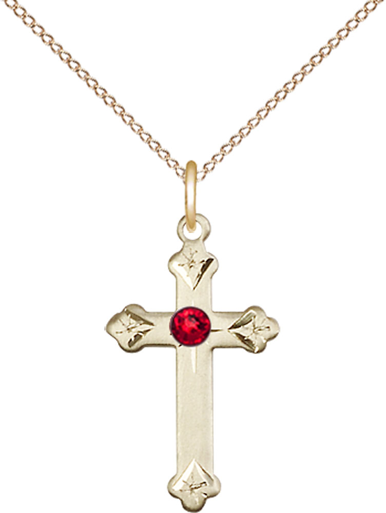 14kt Gold Filled Cross Pendant with a 3mm Ruby Swarovski stone on a 18 inch Gold Filled Light Curb chain