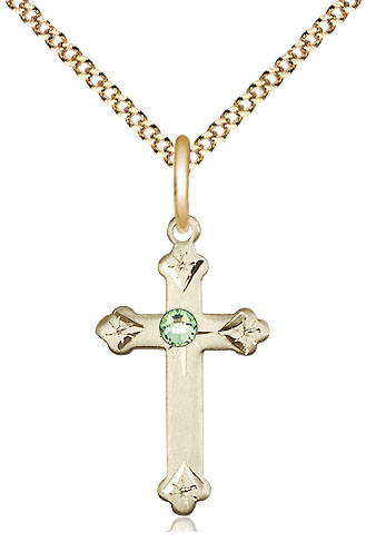 14kt Gold Filled Cross Pendant with a 3mm Peridot Swarovski stone on a 18 inch Gold Plate Light Curb chain