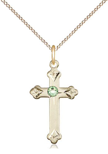 14kt Gold Filled Cross Pendant with a 3mm Peridot Swarovski stone on a 18 inch Gold Filled Light Curb chain