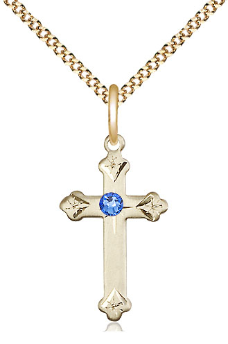 14kt Gold Filled Cross Pendant with a 3mm Sapphire Swarovski stone on a 18 inch Gold Plate Light Curb chain