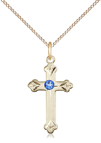 14kt Gold Filled Cross Pendant with a 3mm Sapphire Swarovski stone on a 18 inch Gold Filled Light Curb chain
