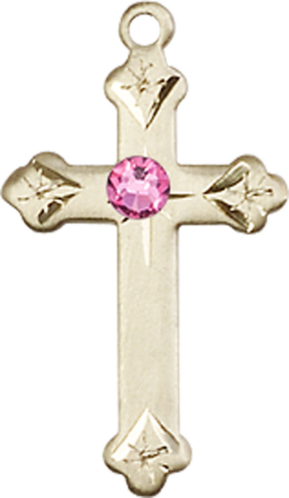 14kt Gold Cross Medal with a 3mm Rose Swarovski stone