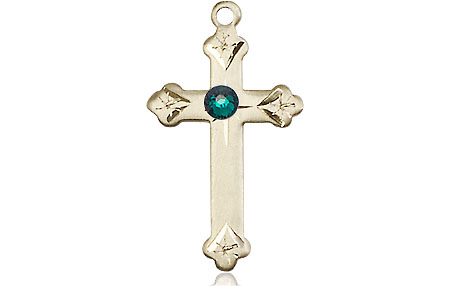 14kt Gold Cross Medal with a 3mm Emerald Swarovski stone