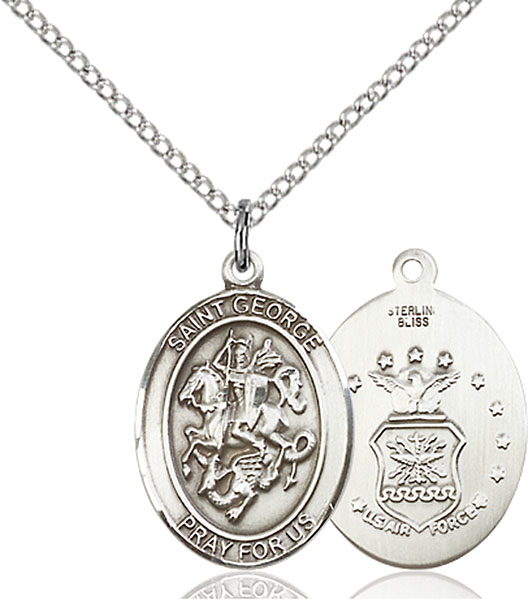 Sterling Silver Saint George Air Force Pendant on a 18 inch Light Rhodium Light Curb chain