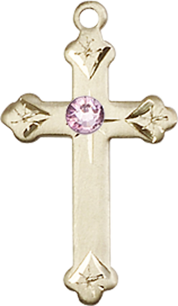 14kt Gold Cross Medal with a 3mm Light Amethyst Swarovski stone