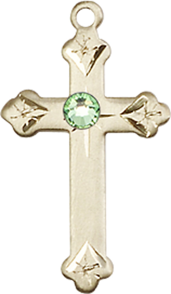 14kt Gold Cross Medal with a 3mm Peridot Swarovski stone