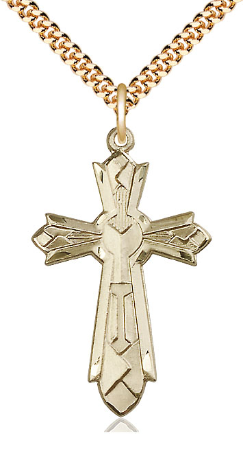 14kt Gold Filled Mosaic Cross Pendant on a 24 inch Gold Plate Heavy Curb chain