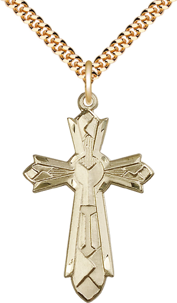 14kt Gold Filled Mosaic Cross Pendant on a 24 inch Gold Plate Heavy Curb chain