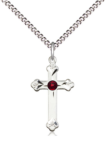 Sterling Silver Cross Pendant with a 3mm Garnet Swarovski stone on a 18 inch Light Rhodium Light Curb chain