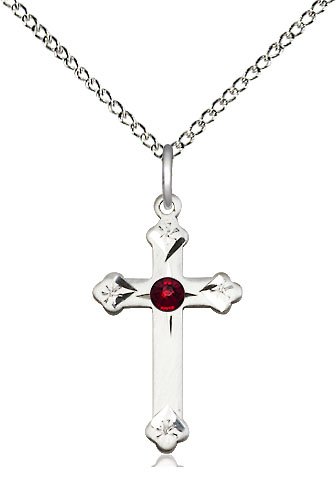 Sterling Silver Cross Pendant with a 3mm Garnet Swarovski stone on a 18 inch Sterling Silver Light Curb chain