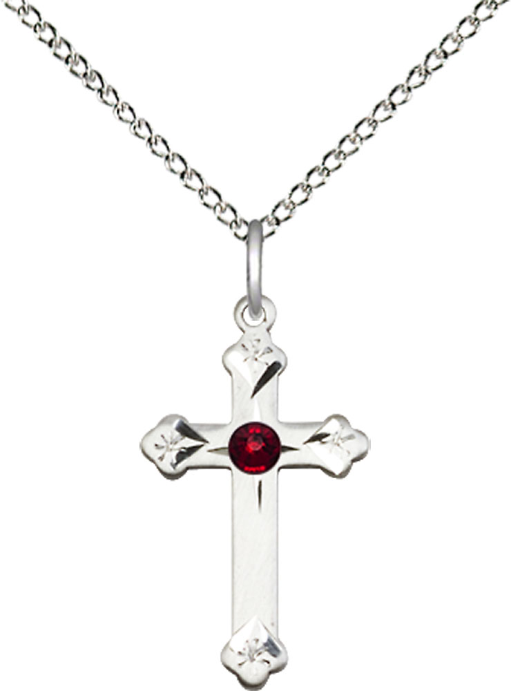 Sterling Silver Cross Pendant with a 3mm Garnet Swarovski stone on a 18 inch Sterling Silver Light Curb chain