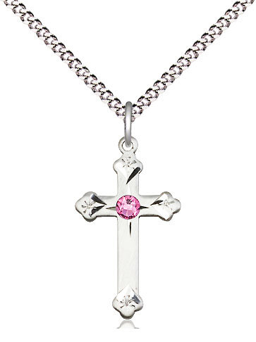 Sterling Silver Cross Pendant with a 3mm Rose Swarovski stone on a 18 inch Light Rhodium Light Curb chain