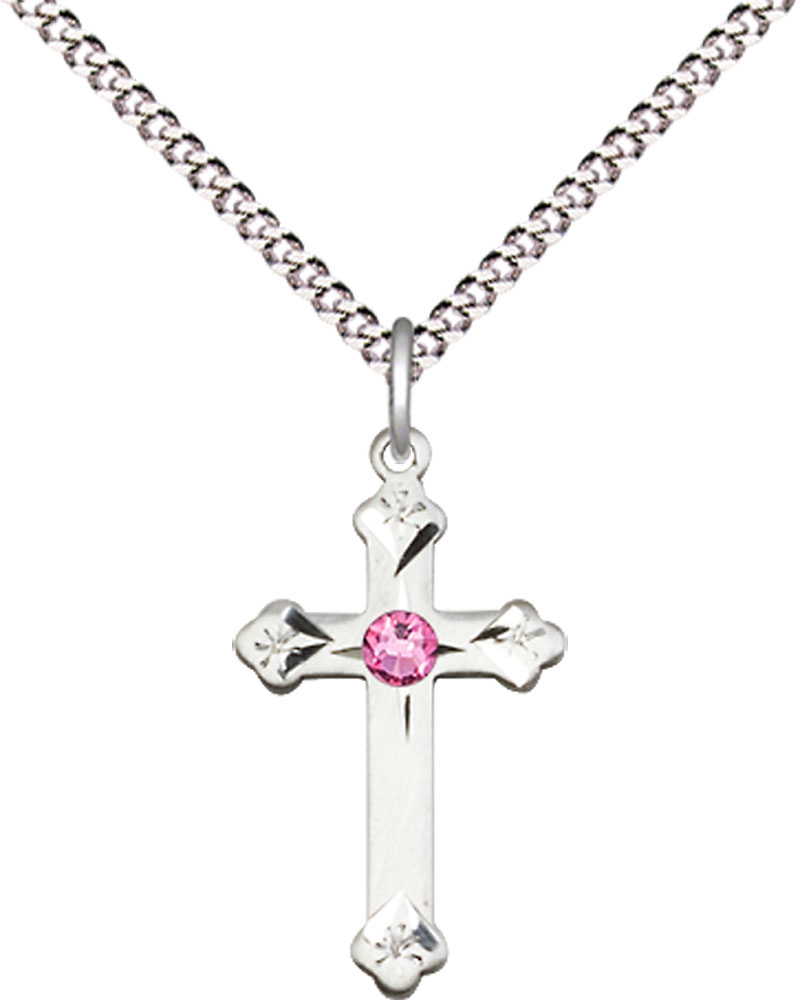 Sterling Silver Cross Pendant with a 3mm Rose Swarovski stone on a 18 inch Light Rhodium Light Curb chain