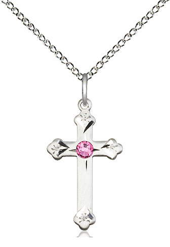 Sterling Silver Cross Pendant with a 3mm Rose Swarovski stone on a 18 inch Sterling Silver Light Curb chain