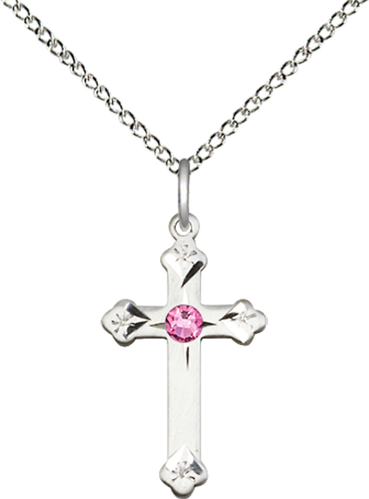 Sterling Silver Cross Pendant with a 3mm Rose Swarovski stone on a 18 inch Sterling Silver Light Curb chain