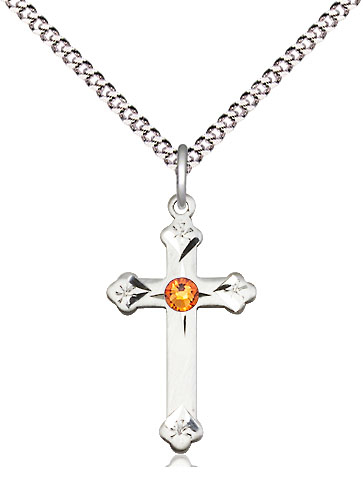 Sterling Silver Cross Pendant with a 3mm Topaz Swarovski stone on a 18 inch Light Rhodium Light Curb chain