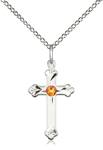 Sterling Silver Cross Pendant with a 3mm Topaz Swarovski stone on a 18 inch Sterling Silver Light Curb chain