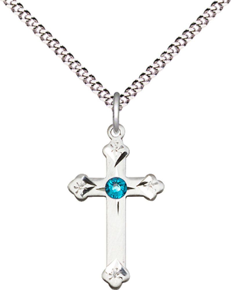 Sterling Silver Cross Pendant with a 3mm Zircon Swarovski stone on a 18 inch Light Rhodium Light Curb chain