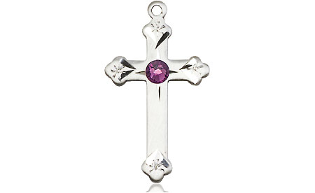 Sterling Silver Cross Medal with a 3mm Amethyst Swarovski stone