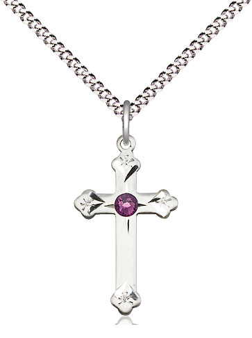 Sterling Silver Cross Pendant with a 3mm Amethyst Swarovski stone on a 18 inch Light Rhodium Light Curb chain