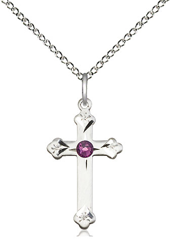 Sterling Silver Cross Pendant with a 3mm Amethyst Swarovski stone on a 18 inch Sterling Silver Light Curb chain